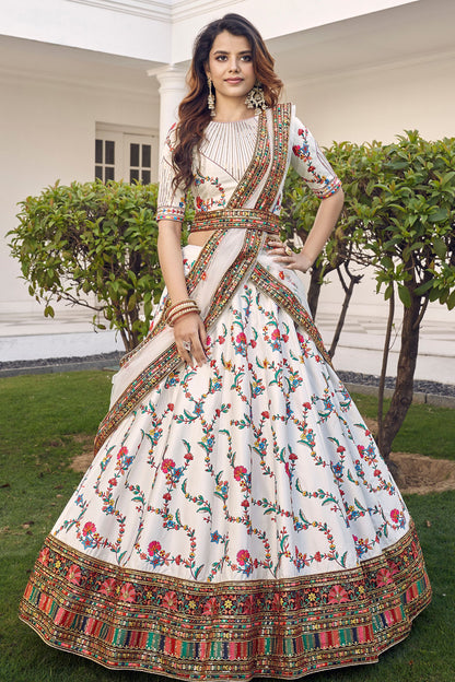 White Pakistani Silk Lehenga Choli For Indian Festivals & Weddings - Sequence Embroidery Work, Thread Embroidery Work,