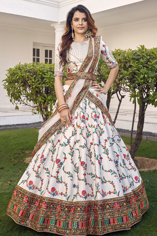 White Pakistani Silk Lehenga Choli For Indian Festivals & Weddings - Sequence Embroidery Work, Thread Embroidery Work,