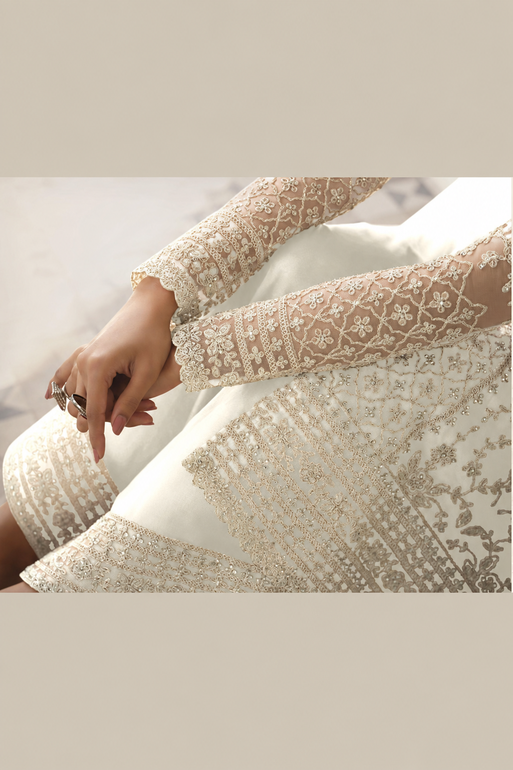 White Net Kameez Plazzo Suit For Indian Wedding & Pakistani Festival Dress - Embroidery Work