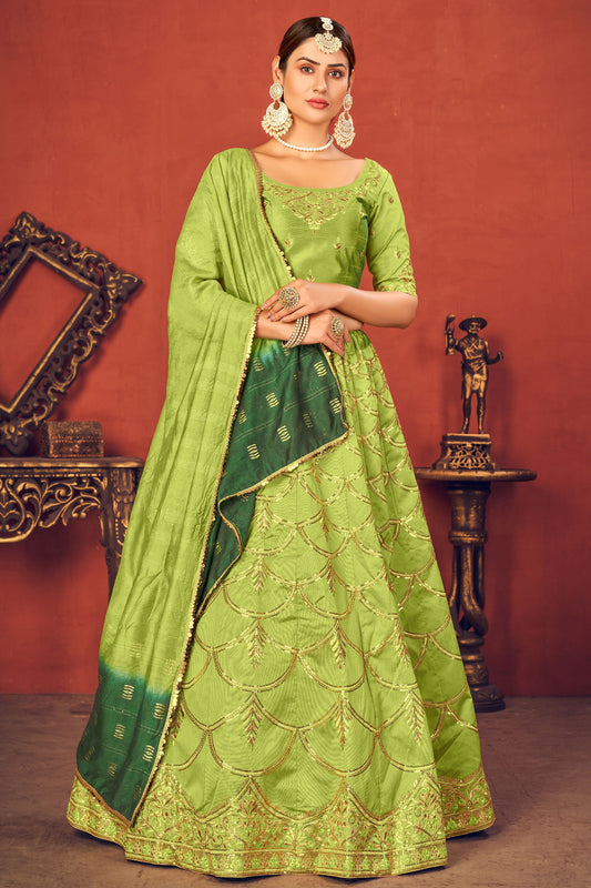 Parrot Green Pakistani Art Silk Lehenga Choli For Indian Festivals & Weddings - Sequence Embroidery Work, Thread Embroidery Work,