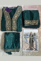 Green Chinon Silk Front Slit Anarkali With Pent For Indian & Pakistani Wedding Festival - Sequins & Thread Embroidery Work