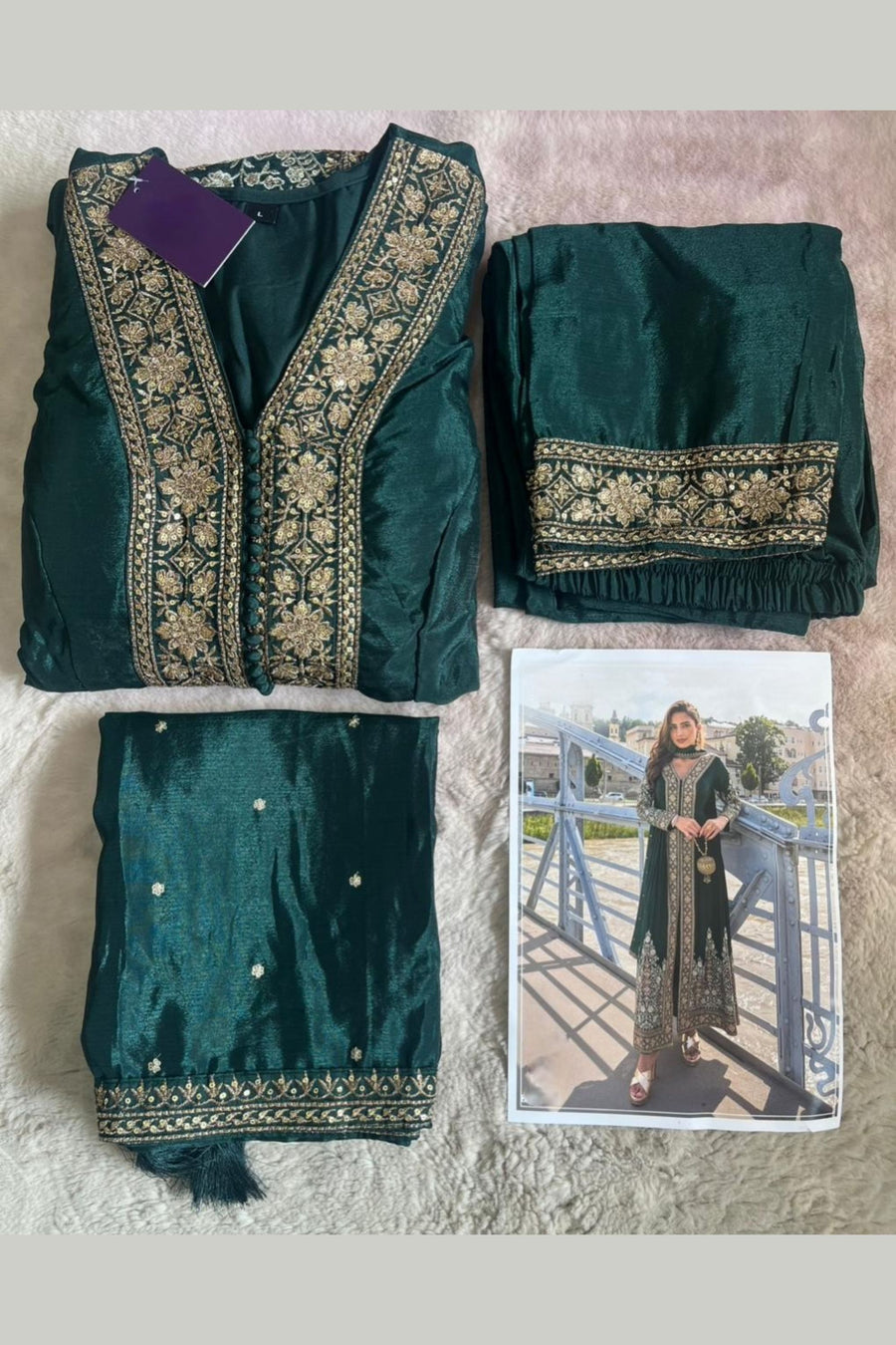 Green Chinon Silk Front Slit Anarkali With Pent For Indian & Pakistani Wedding Festival - Sequins & Thread Embroidery Work