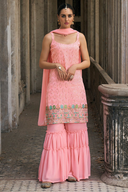 Baby Pink Georgette Sharara Suits for Pakistani Festival & Indian Wedding - Thread & Sequence Embroidery Work