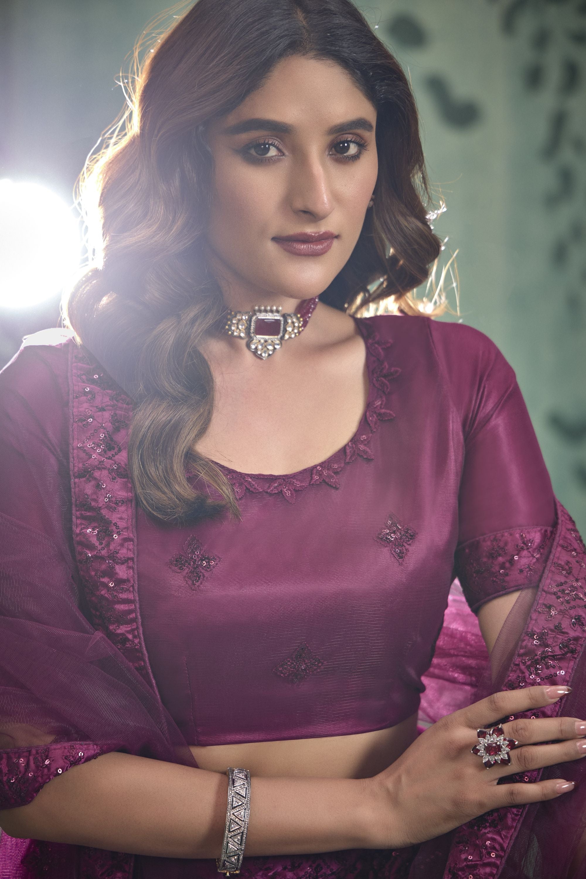 Dark Purple Net Lehenga Choli For Indian Festivals & Pakistani Weddings Dress - Thread Embroidery Work, Sequence Embroidery Work