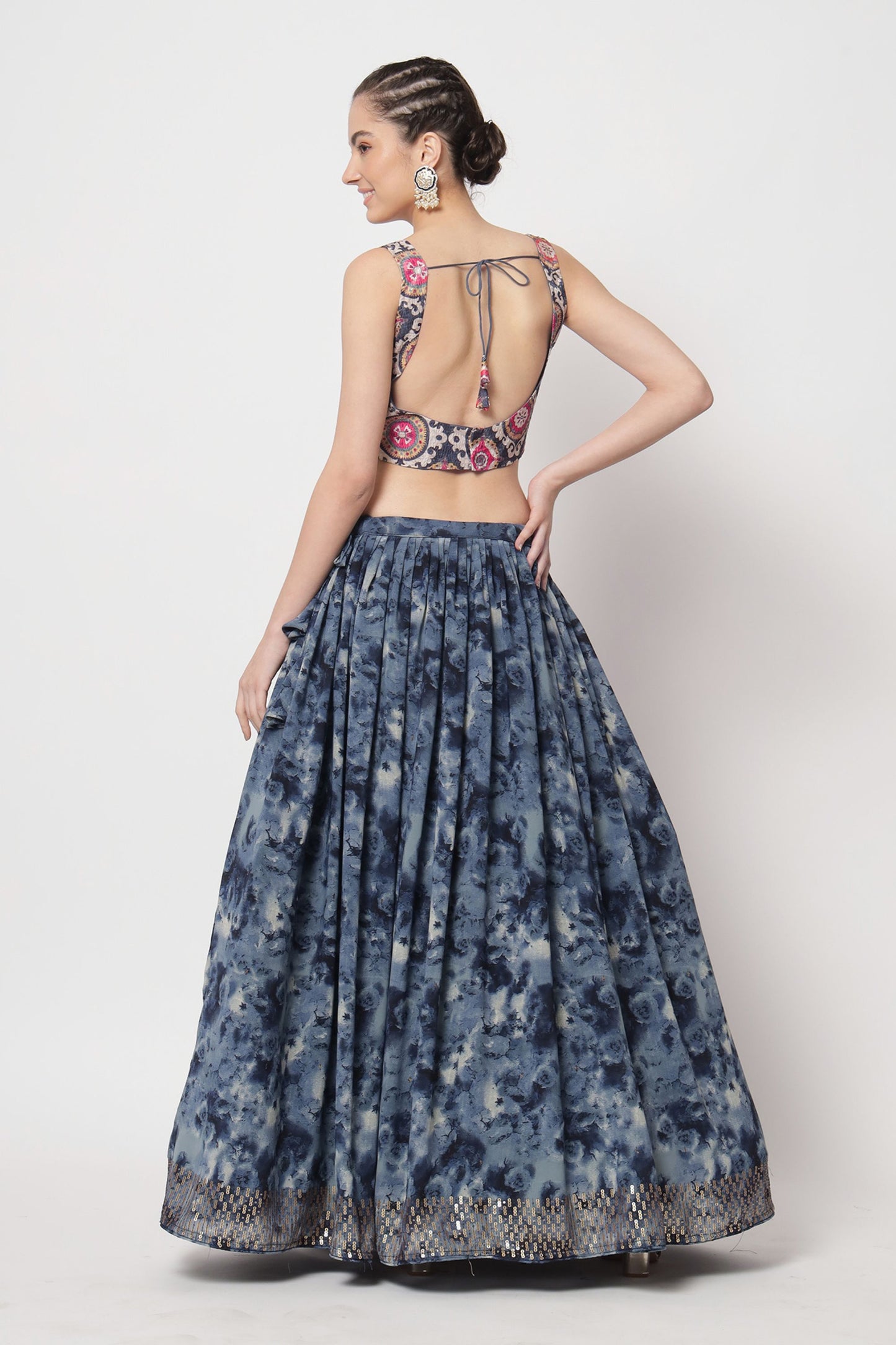 Navy Blue Pakistani Chinon Printed Lehenga Choli For Indian Festivals & Weddings - Print Work, Sequence Embroidery Work,