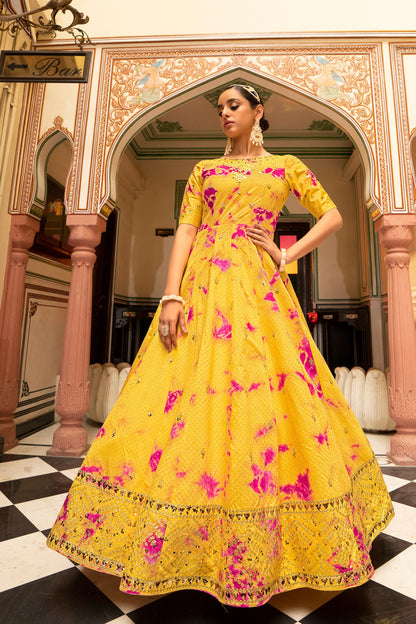 Yellow Pakistani Cotton Printed Gown For Indian Festivals & Weddings - Print Work, Sequence Embroidery Work,