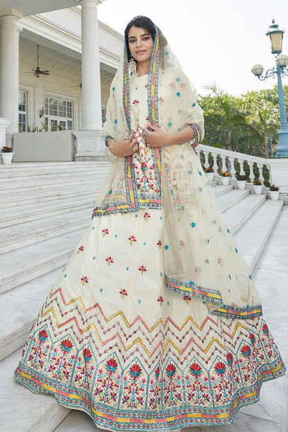 Beige Pakistani Chinon Lehenga Choli For Indian Festivals & Weddings - Sequence Embroidery Work, Thread Embroidery Work,