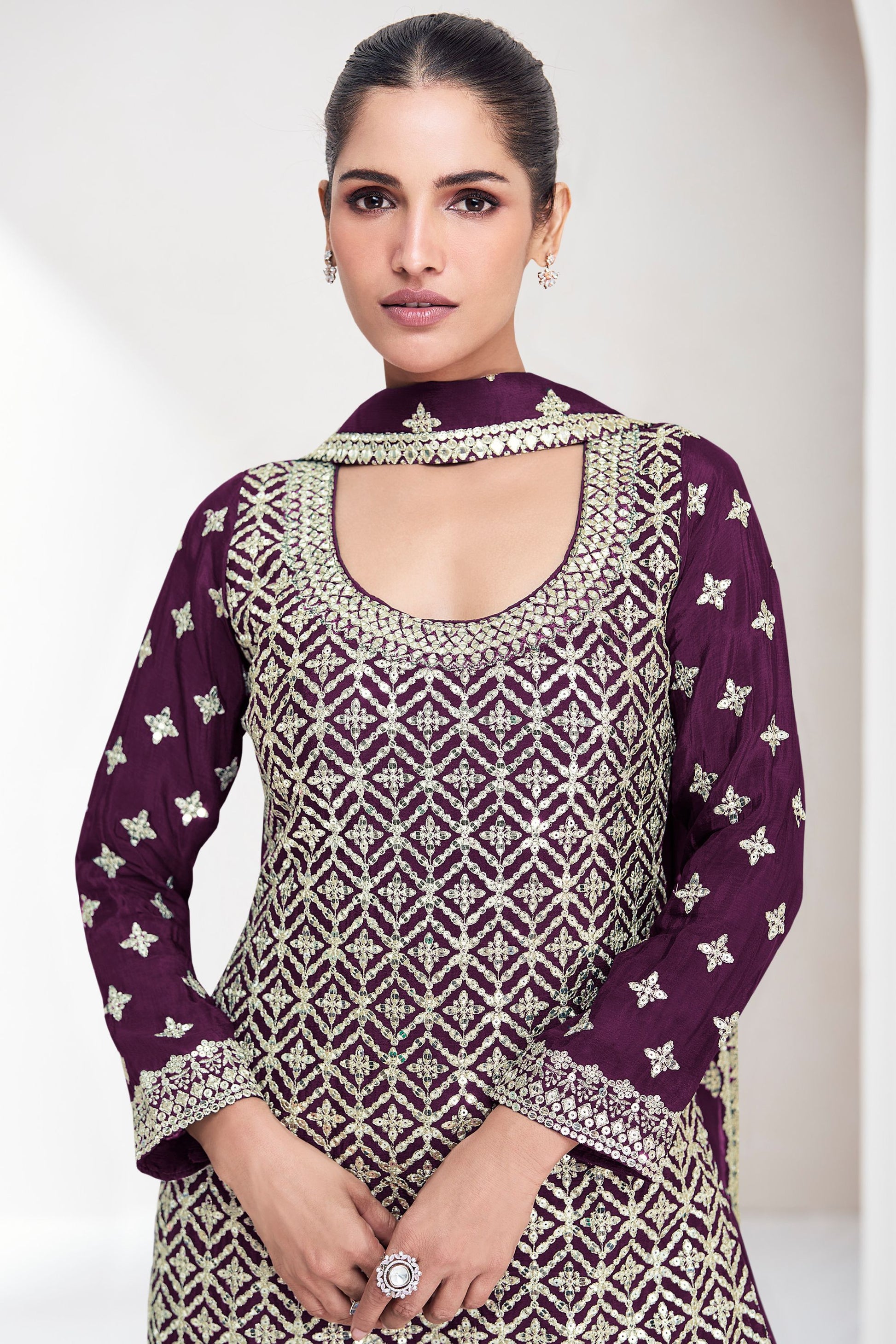 Dark Purple Chinon Silk Plazo Suit For Wedding & Festival - Embroidery Work