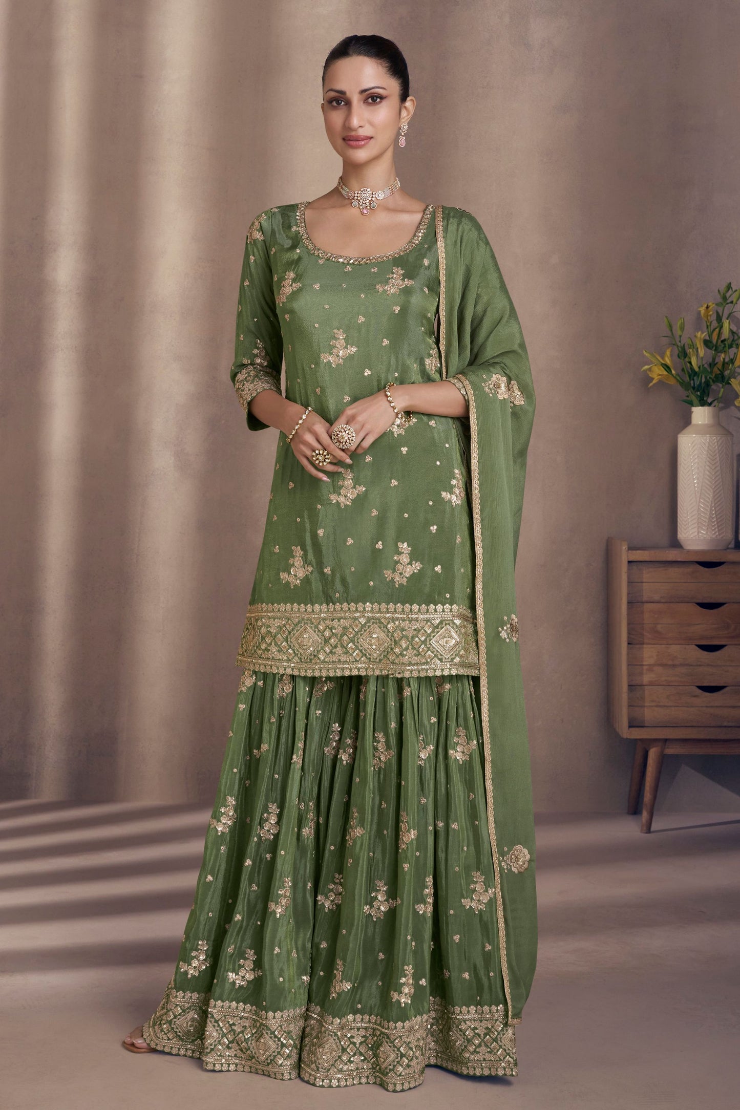 Green Chinon Silk Sharara Suit for Indian Festival & Pakistani Wedding - Embroidery Work