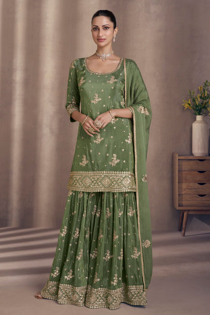 Green Chinon Silk Sharara Suit for Indian Festival & Pakistani Wedding - Embroidery Work