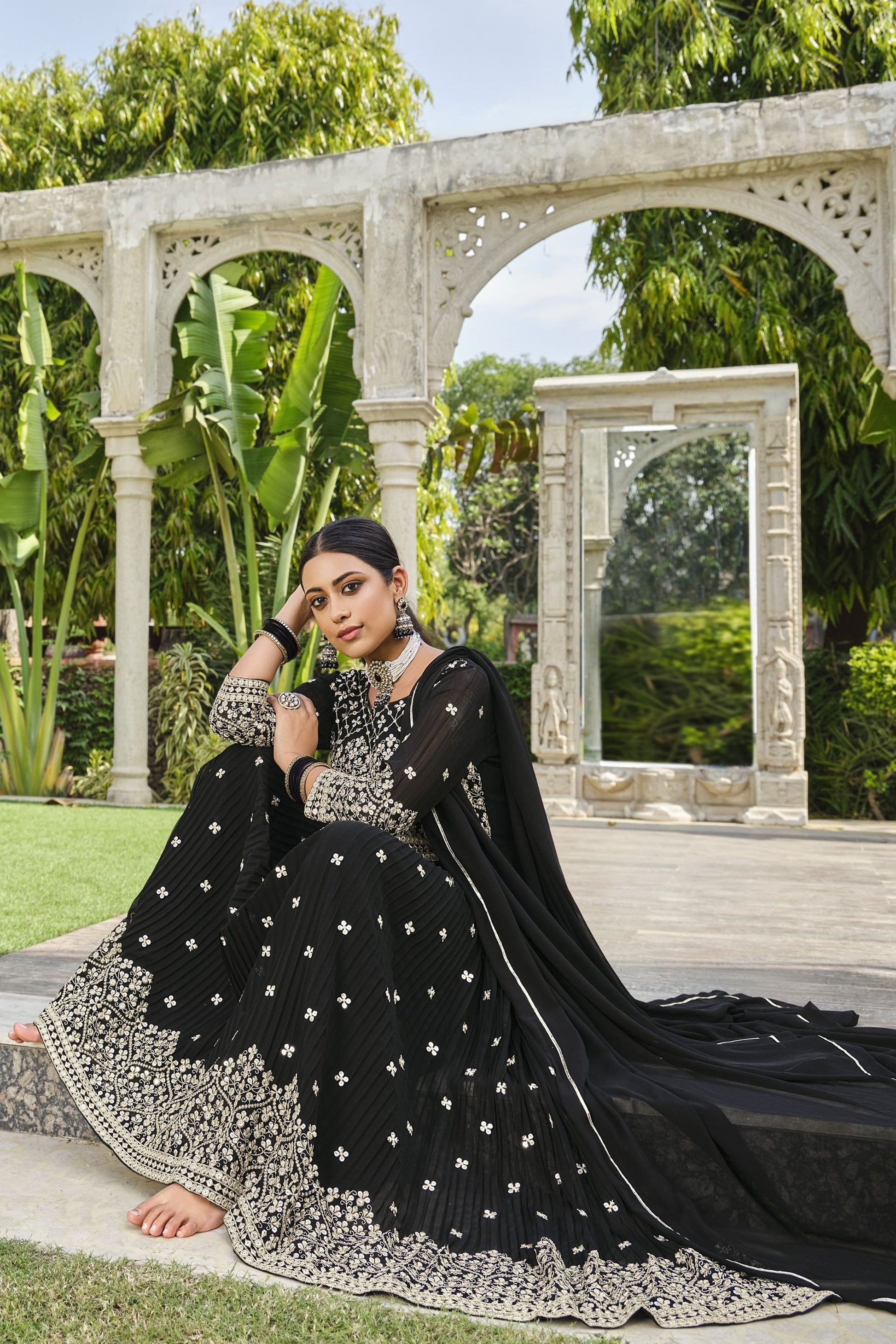 Black Pakistani Georgette Anarkali Gown For Indian Festivals & Weddings - Sequence Embroidery Work,