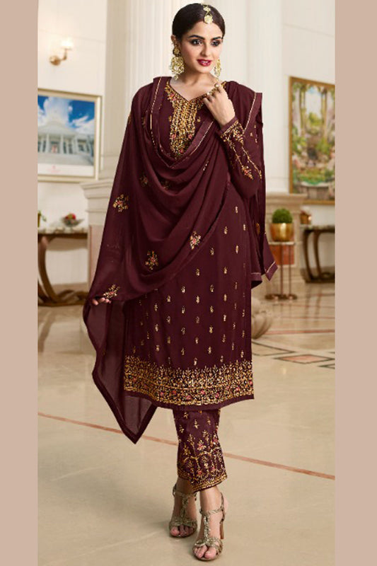 Maroon Georgette Plus Size Upto 7XL Size Kameez with Pant For Indian Suit Festivals & Pakistani Weddings - Embroidery Work