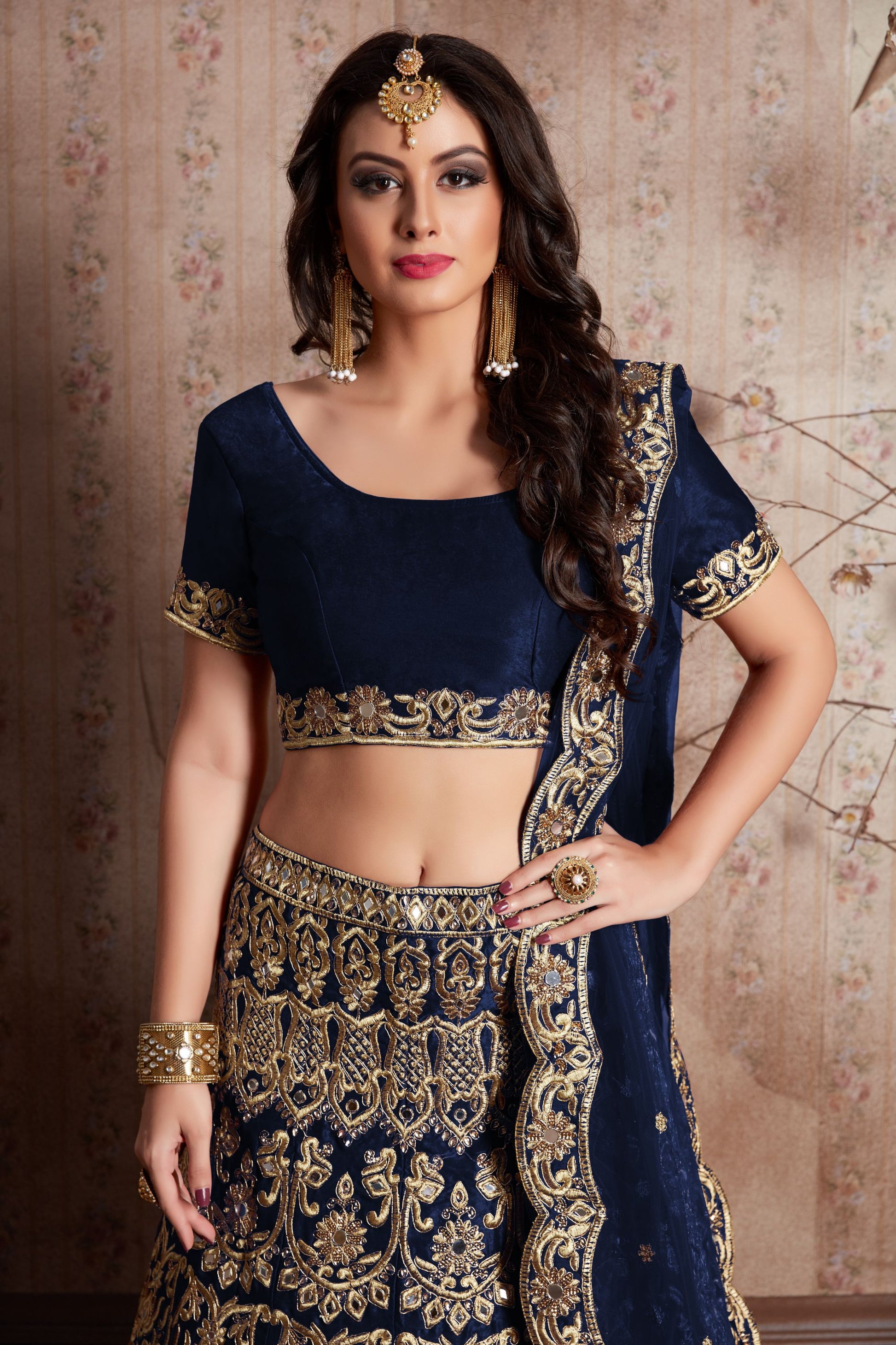 Navy Blue Velvet Silk Lehenga Choli For Indian Festival & Weddings - Sequence Embroidery Work, Mirror Work, Zari Work