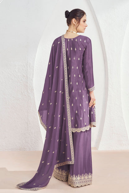 Purple Chinon Silk Palazzo Suit For Indian Festival & Pakistani Weddings - Embroidery Work