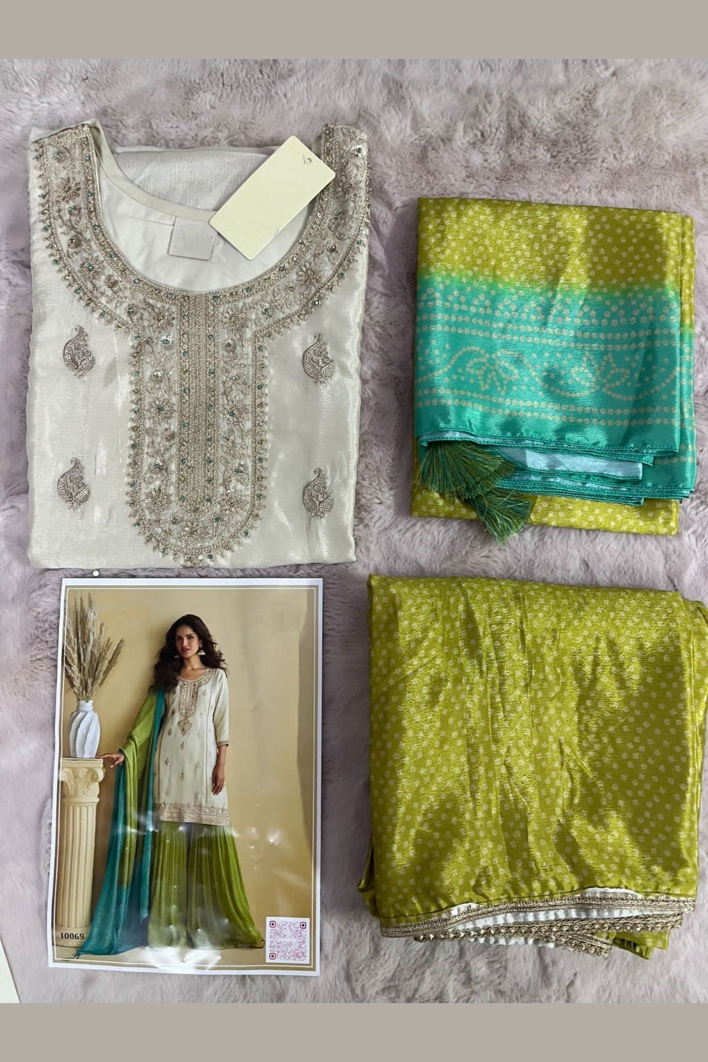 Off White Chinon Silk Sharara Suit For Indian & Pakistani Wedding Festival - Thread & Sequins Embroidery Work, Print Work