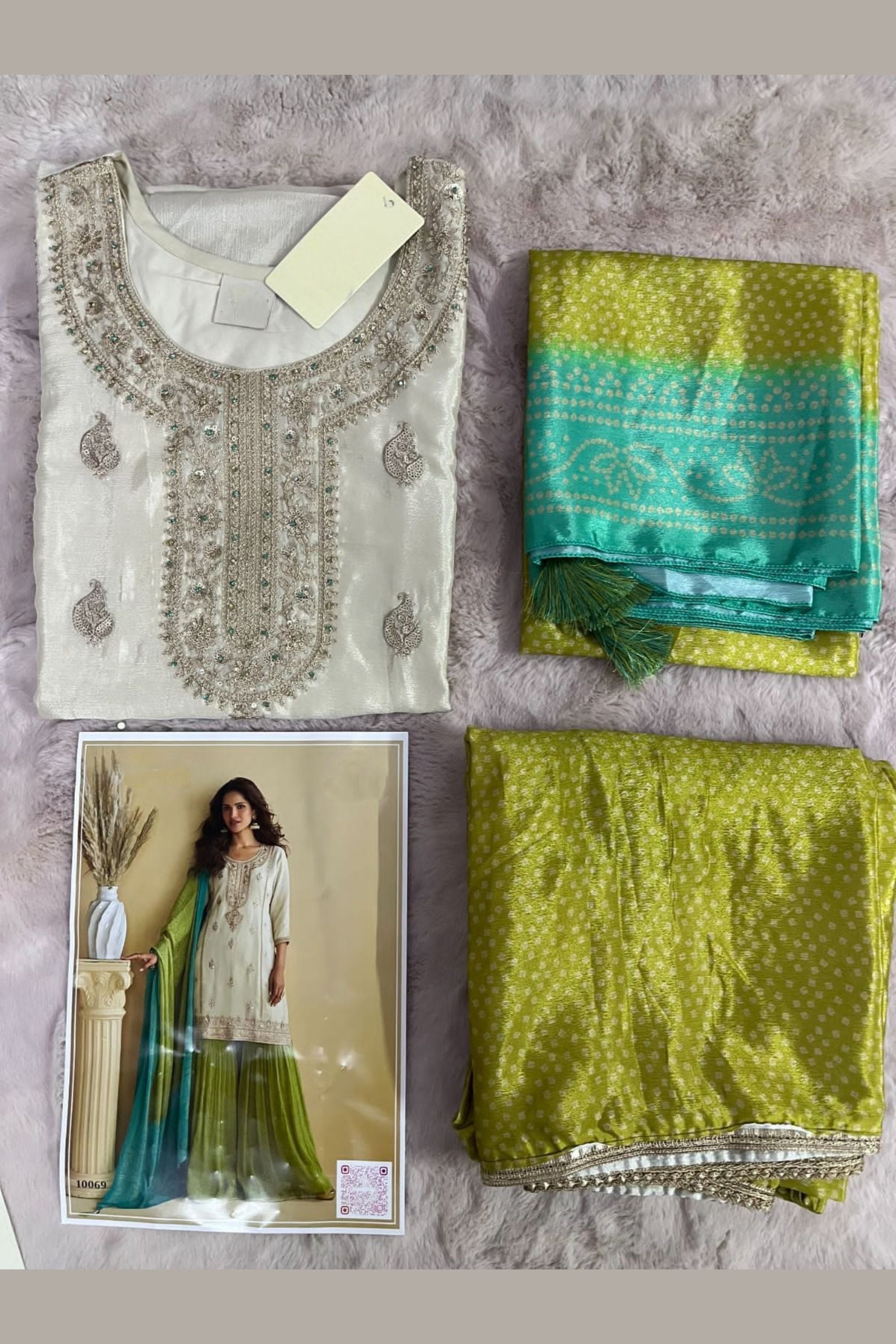 Off White Chinon Silk Sharara Suit For Indian & Pakistani Wedding Festival - Thread & Sequins Embroidery Work, Print Work