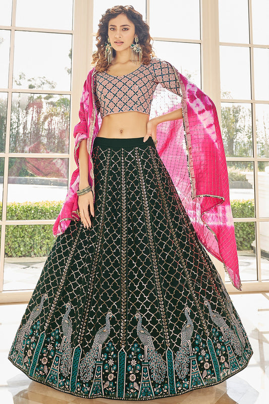 Green Georgette Lehenga Choli For Indian Weddings & Festivals - Thread Work, Sequence Embroidery Work