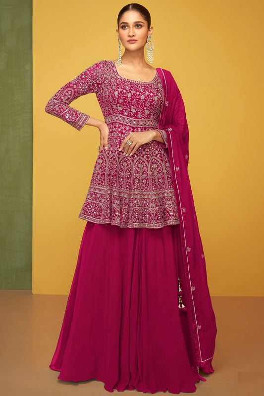 Dark Pink Georgette Kameez with Skirt For Indian Festivals & Pakistani Weddings Dress - Embroidery Work