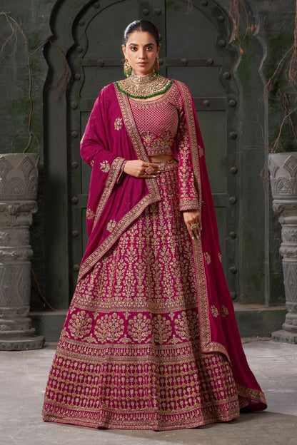 Rani Pink Georgette Embroidered Lehenga Choli For Indian Festival & Pakistani Wedding - Embroidery Work, Zarkan Work, Codding Work.