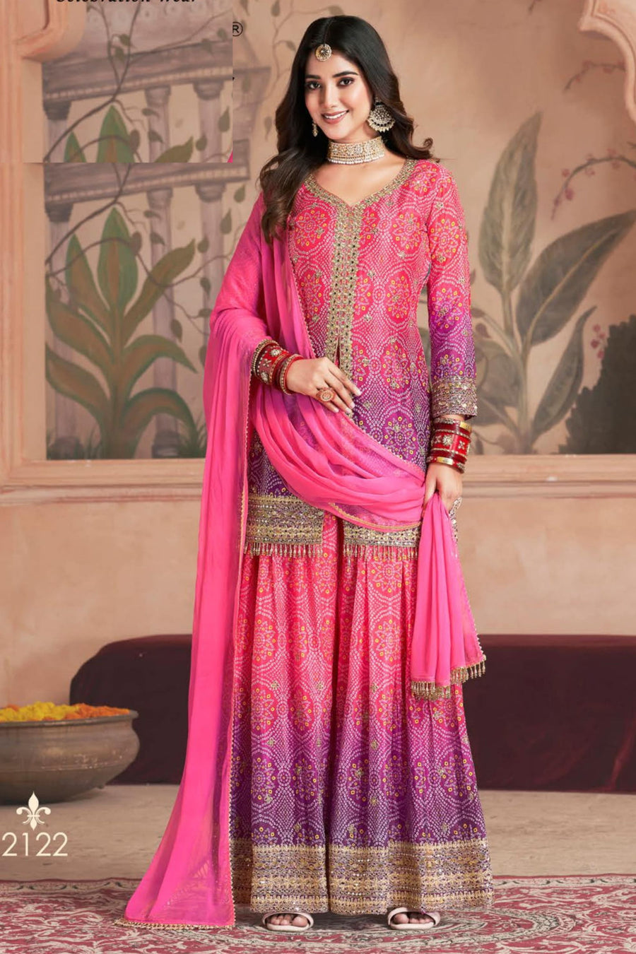 Pink Dual Color Chinon Silk Bandhani Style Pattern Palazzo Suit with Chiffon Dupatta For Indian Festivals & Weddings - Sequence Embroidery Work, Mirror Work, Print Work