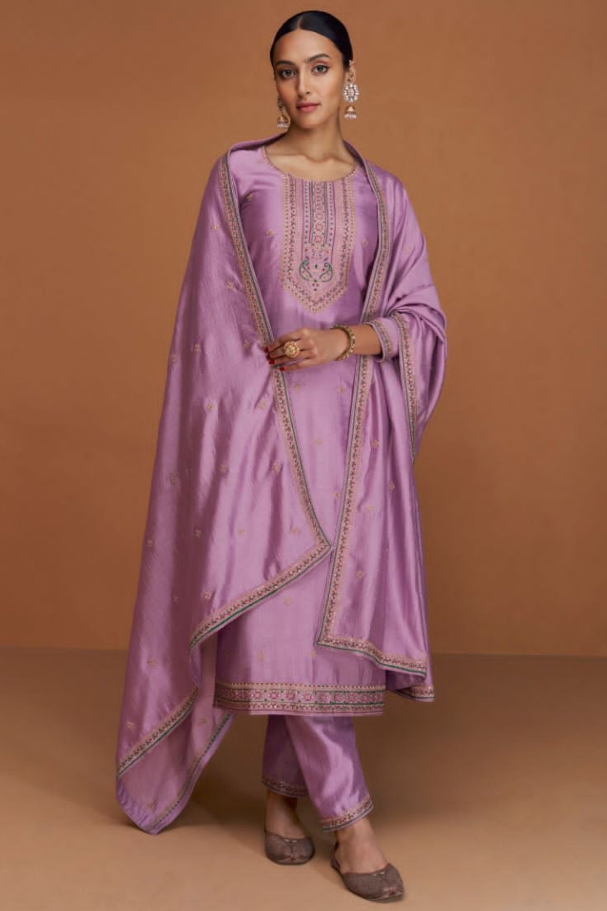 Light Purple Silk Kameez with Pant For Indian Suit Festivals & Pakistani Weddings - Embroidery Work