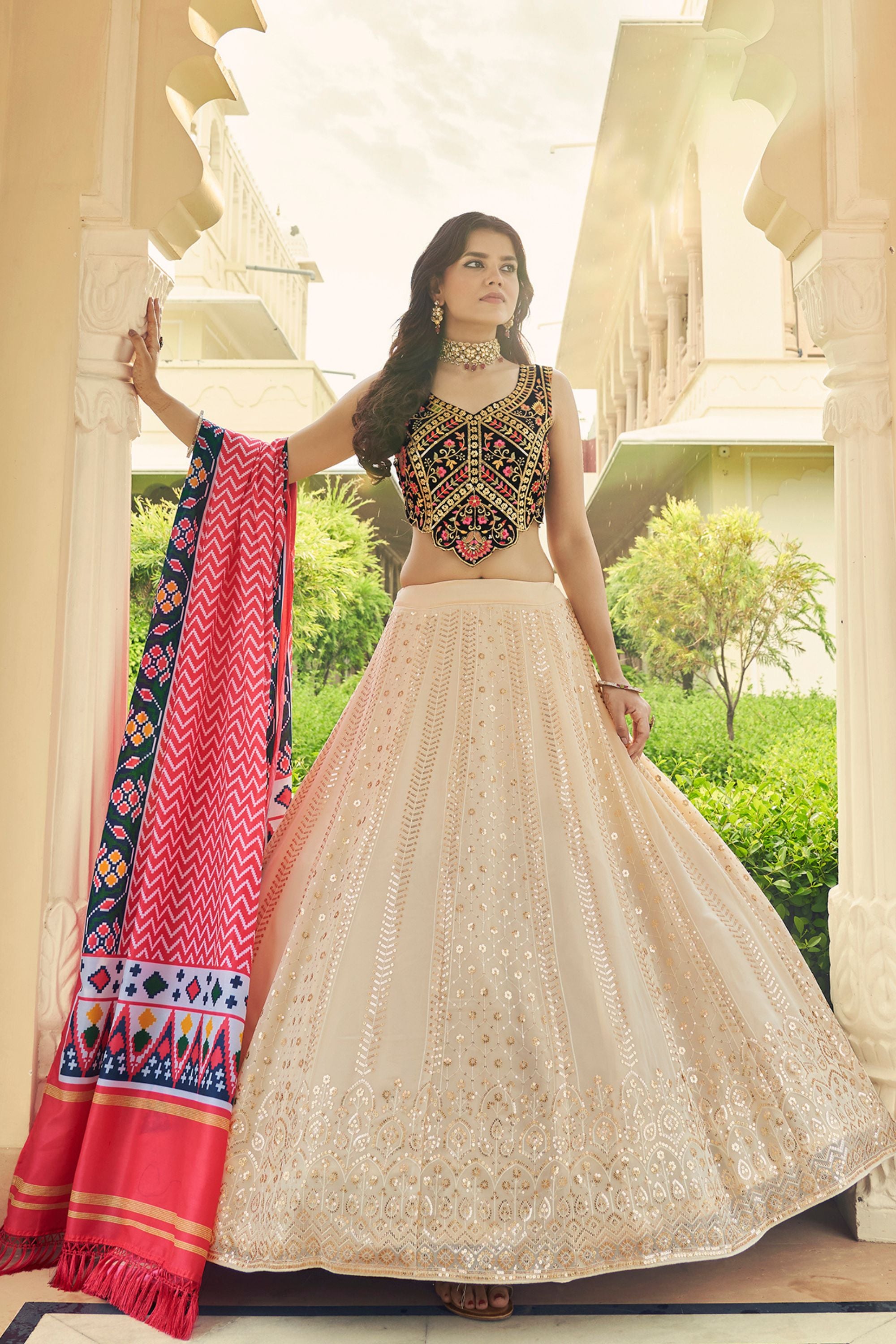Beige Georgette Lehenga Choli For Indian Weddings & Festivals - Thread Work, Sequence Embroidery Work