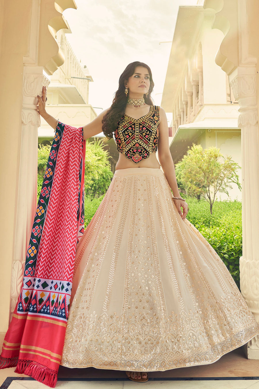 Beige Georgette Lehenga Choli For Indian Weddings & Festivals - Thread Work, Sequence Embroidery Work