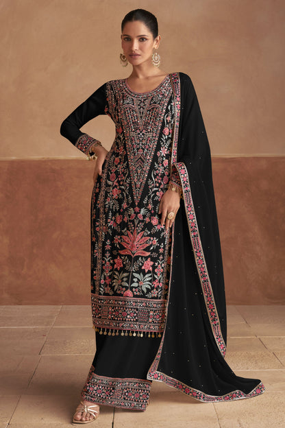 Black Chinon Silk Salwar Kameez For Indian Festivals & Weddings - Embroidery Work