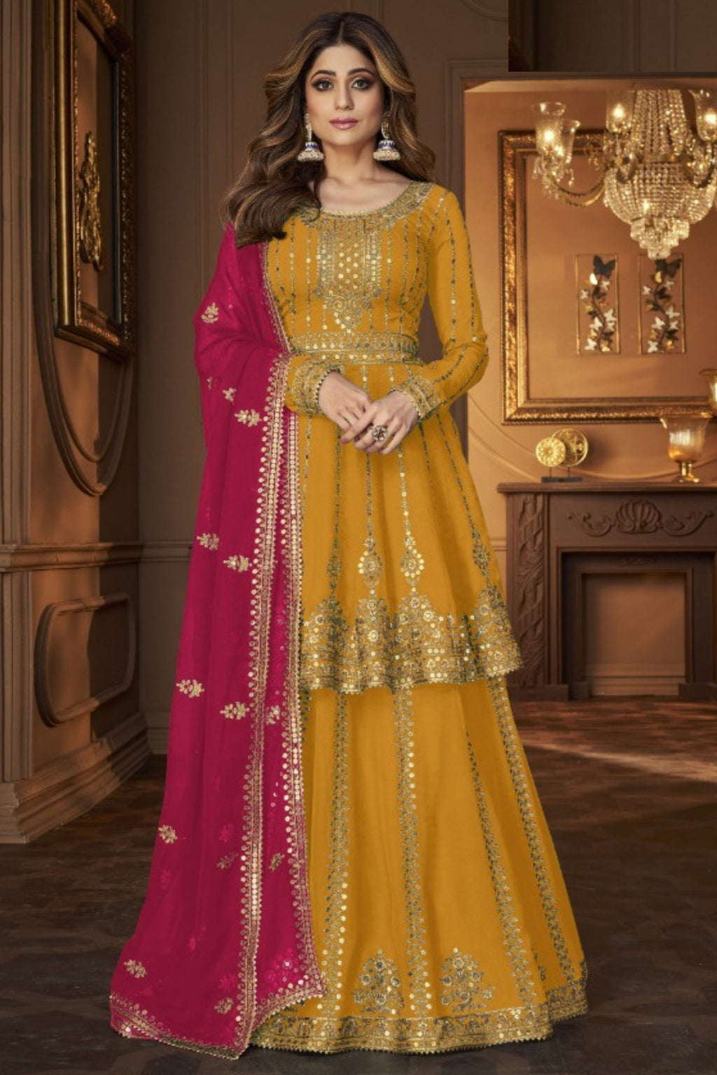 Dark Yellow Georgette Salwar Kameez Lengha Suit For Indian Wedding & Festival - Embroidery Sequence Work