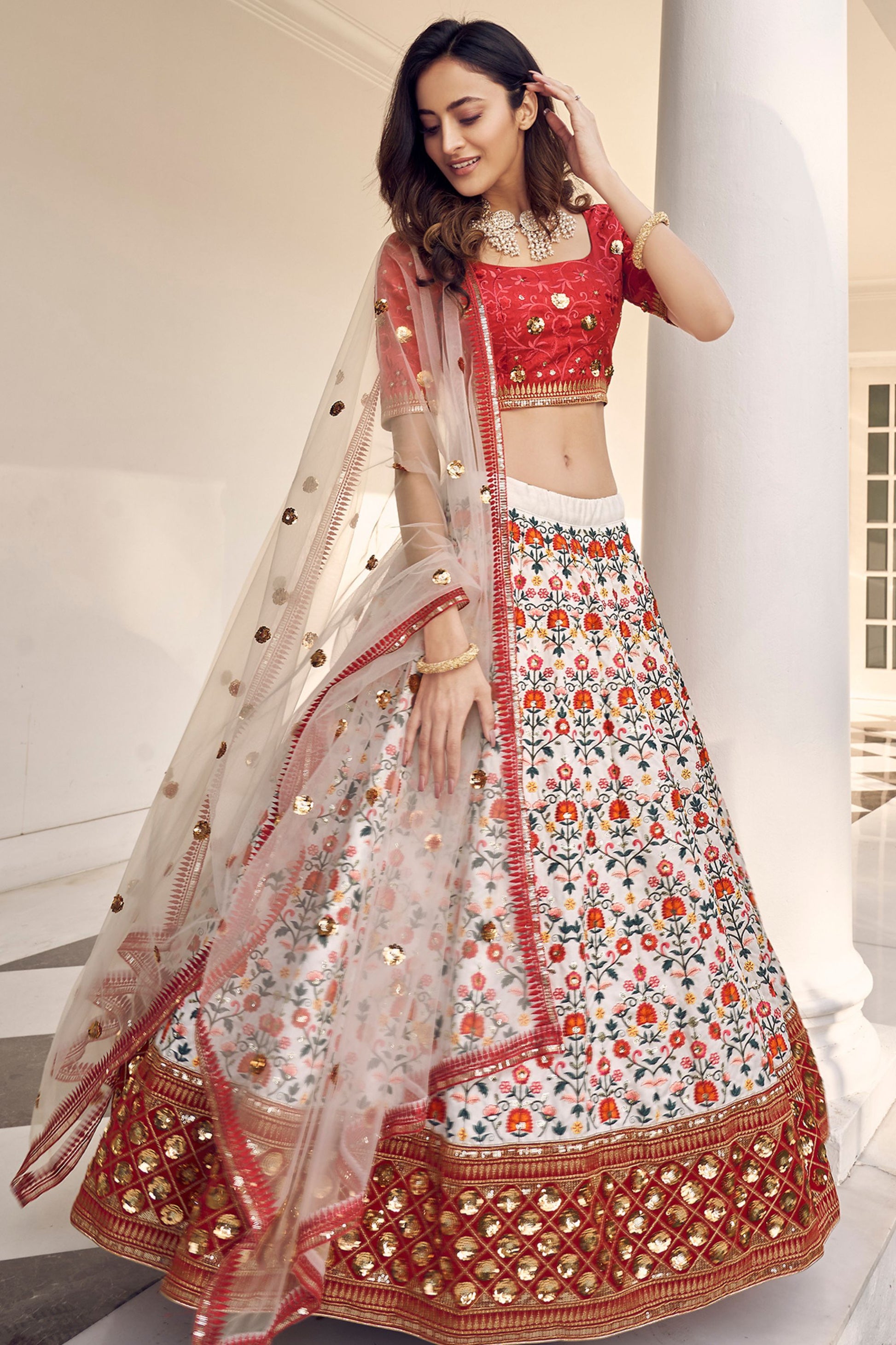 White Pakistani Art Silk Lehenga Choli For Indian Festivals & Weddings - Sequence Embroidery Work, Thread Embroidery Work,