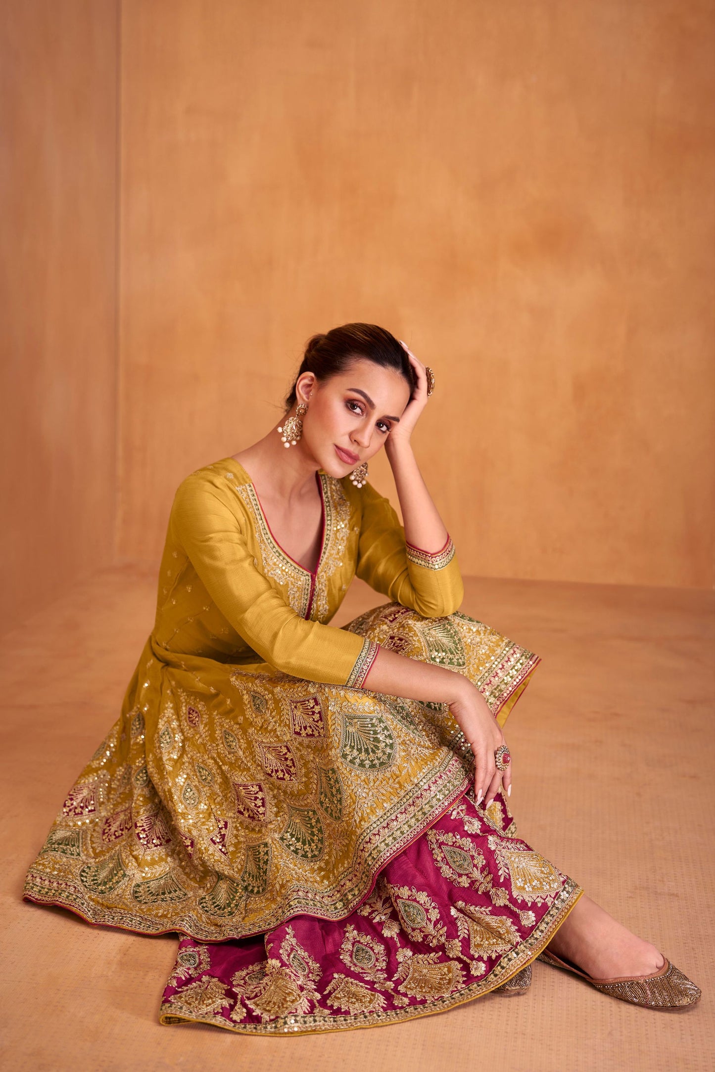 Mustard Pakistani Chinon Silk Plazo Suit For Indian Festivals & Weddings - Embroidery Work