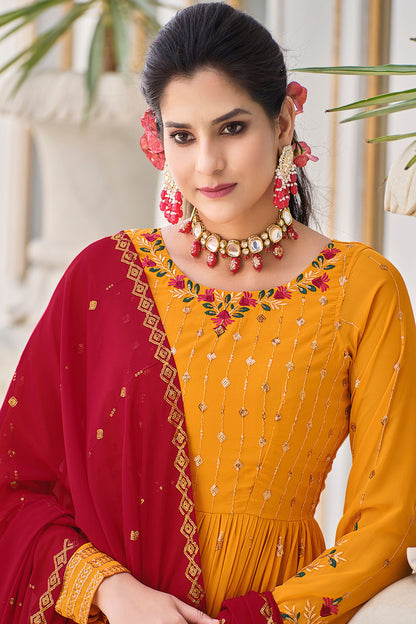 Mustard Pakistani Georgette Plazo For Indian Festivals & Weddings - Sequence Embroidery Work, Thread Embroidery Work,