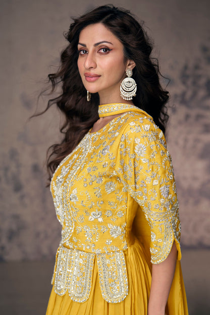 Yellow Chinon Silk Anarkali Gown For Indian Festivals & Weddings - Embroidery Work