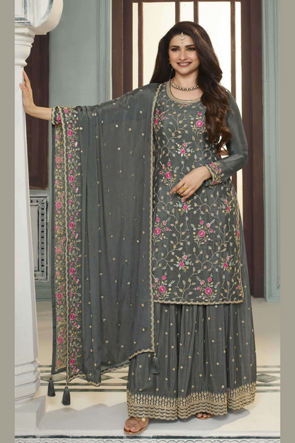 Gray Chinon Silk Floral Plazo Suit For Indian Festivals & Pakistani Weddings Dress - Embroidery Work