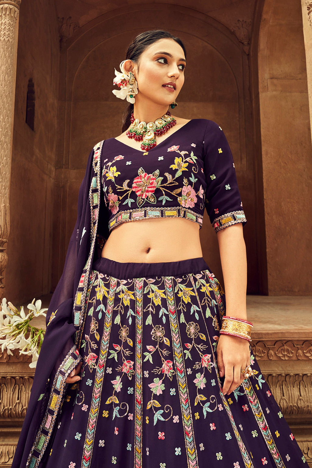 Purple Georgette Floral Embroidered Lehengas Choli For Indian Festivals & Weddings - Sequence Embroidery Work, Thread Work