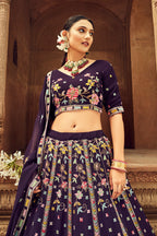 Purple Georgette Floral Embroidered Lehengas Choli For Indian Festivals & Weddings - Sequence Embroidery Work, Thread Work