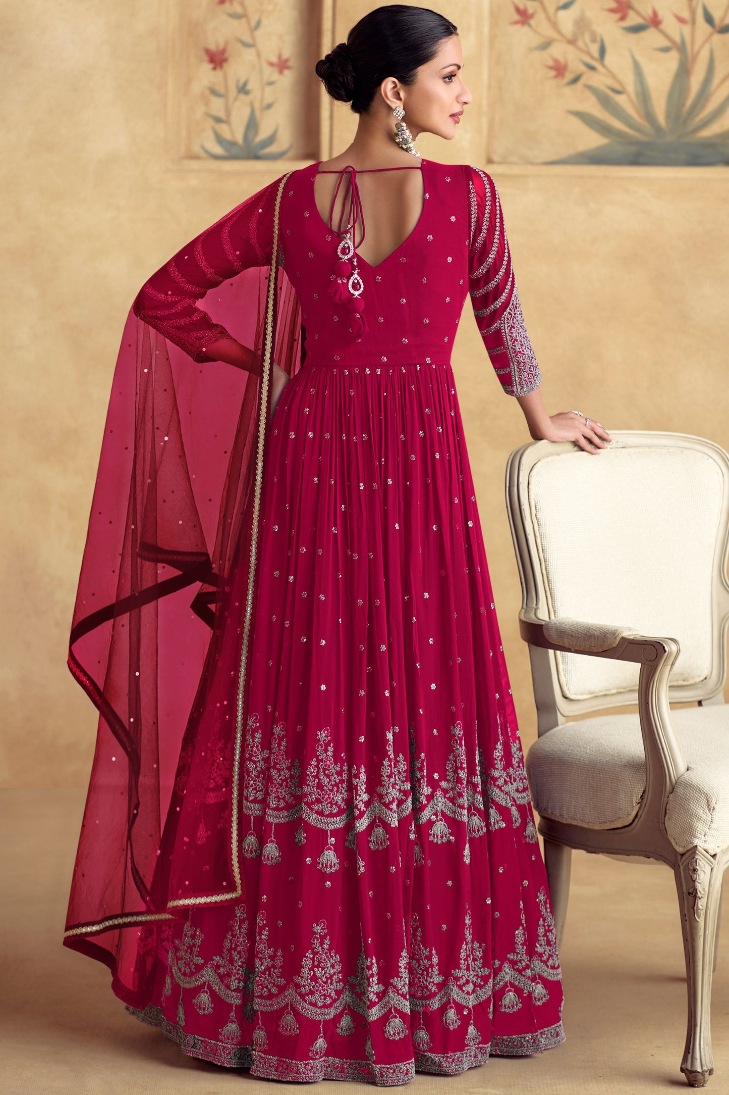 Red Chinon Silk Anarkali Gown Suit For Indian Festivals & Weddings - Embroidery Work