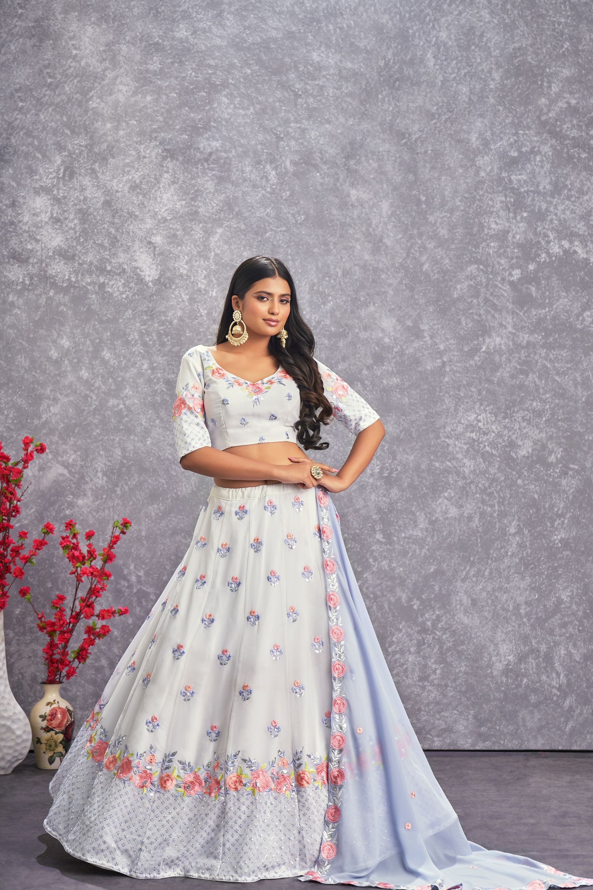 Light Purple Georgette Floral Embroidery Lehenga Choli For Indian Festivals & Weddings - Sequence Embroidery Work, Thread Embroidery Work, Mirror Work