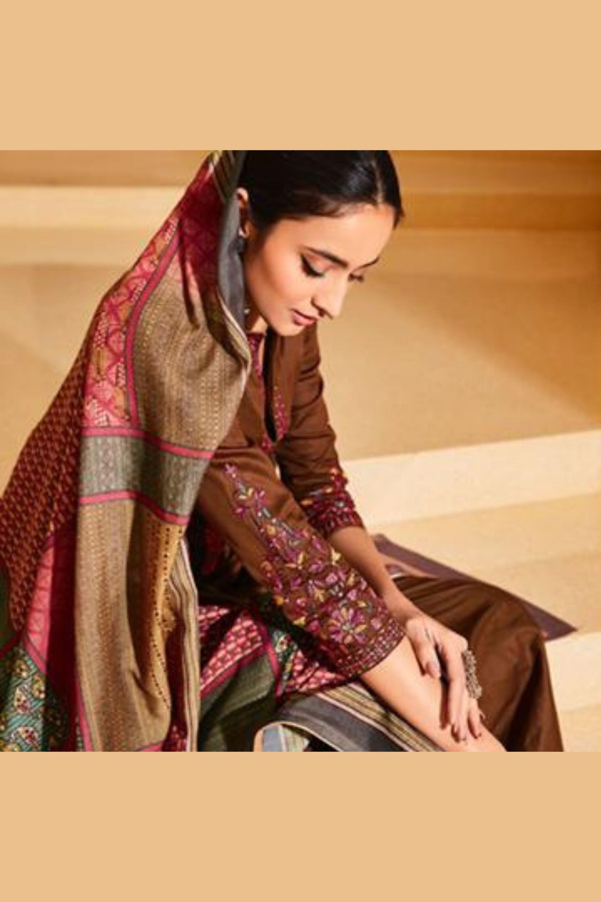 Brown Satin Kameez with Pant For Indian Suit Festivals & Pakistani Weddings - Embroidery Work, Printed Work