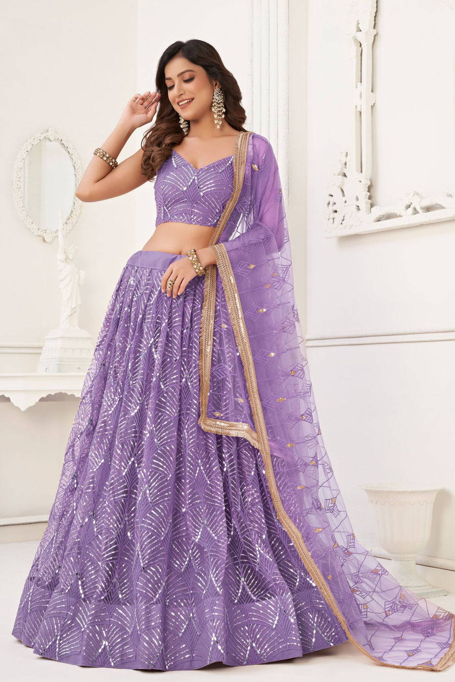 Purple Net Embroidered Lehenga Choli For Indian Festival & Weddings - Embroidery Work
