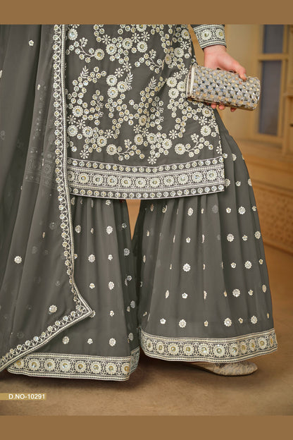 Gray Georgette Sharara Suit For Indian Festivals & Pakistani Weddings - Thread Embroidery Work, Sequence Embroidery Work