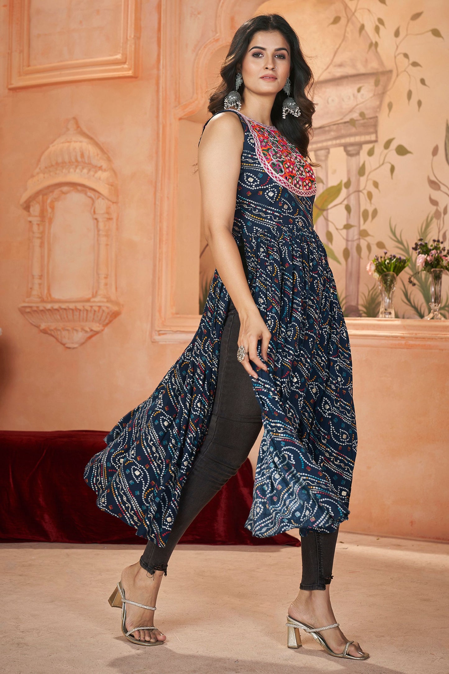 Navy Blue Rayon Kurti For Navratri Garba Festivals JEANS NOT INCLUDED - Embroidery Work, Print Work