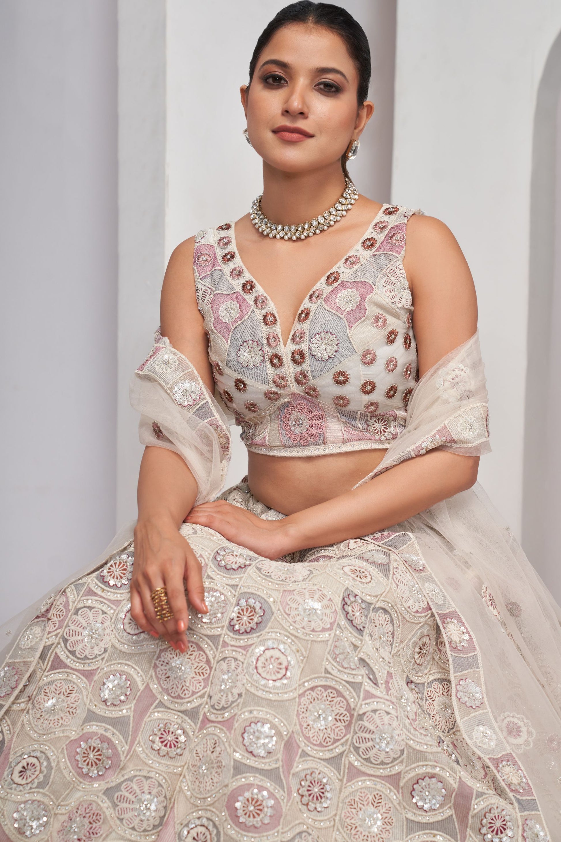 White Soft Net Lehenga Choli For Indian Festivals & Weddings - Sequins Work, Dori Work, Zarkan Work, Thread Work