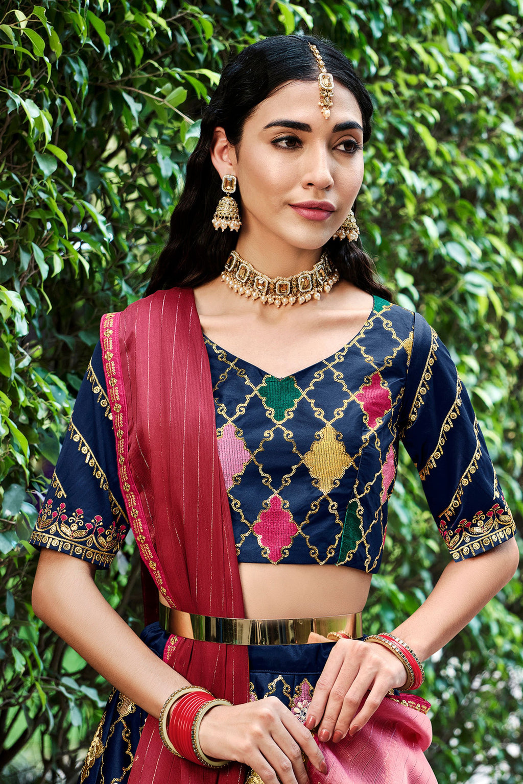 Navy Blue Silk Lehenga Choli For Indian Festivals & Weddings - Sequence Embroidery Work, Thread Work
