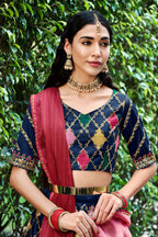 Navy Blue Silk Lehenga Choli For Indian Festivals & Weddings - Sequence Embroidery Work, Thread Work