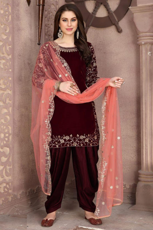 Dark Maroon Velvet Kameez With Patiyala Suit For Indian Festivals & Weddings - Embroidery Work