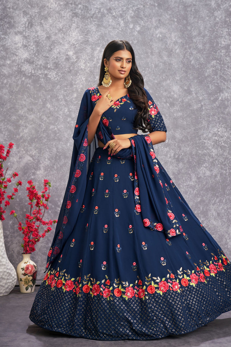 Navy Blue Georgette Floral Embroidery Lehenga Choli For Indian Festivals & Weddings - Sequence Embroidery Work, Thread Embroidery Work, Mirror Work
