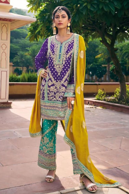 Purple Chinon Silk Salwar Kameez Suit For Indian Festivals & Weddings - Embroidery Work