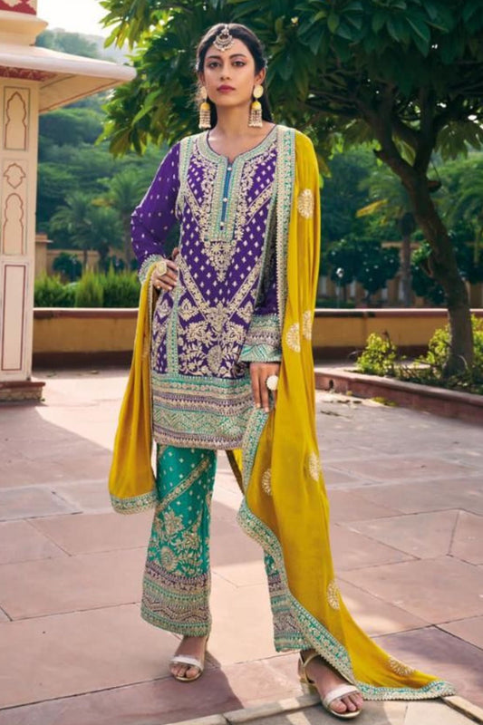 Purple Chinon Silk Salwar Kameez Suit For Indian Festivals & Weddings - Embroidery Work