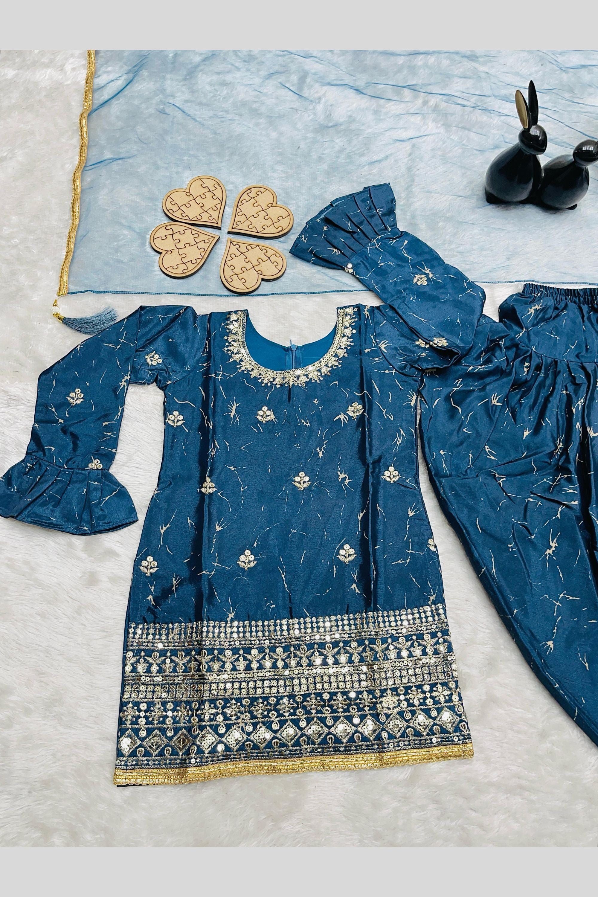 Teal Chinon Silk Kids Wear Girls Dhoti Style Salwar with Kameez & Dupatta Suit for Kids for Festivals & Wedding - Sequence Embroidery Work, Print Work